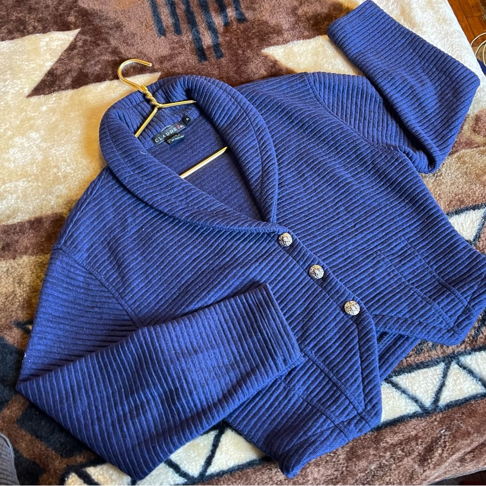 Vintage ClaudeZ ribbed knit crop jacket woman’s size petite blue/black